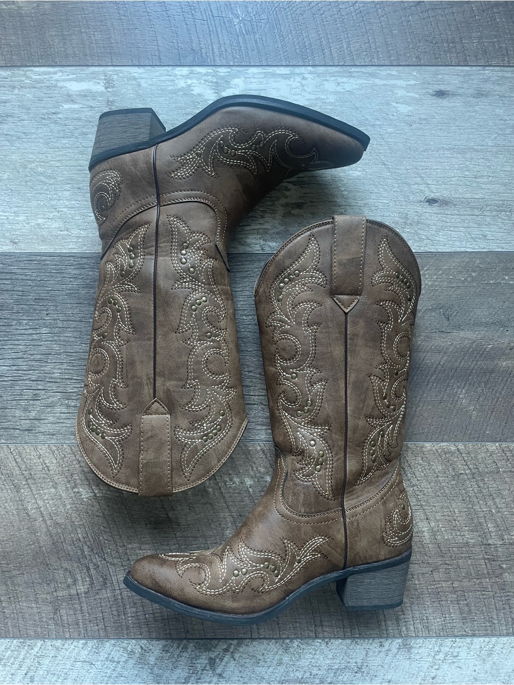 SheSole Western Embroidered Mid-Calf Cowgirl Boots in Brown